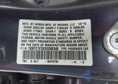 2016 Honda Civic Ex-T from USA, damaged, VIN 19XFC1F3XGE006348